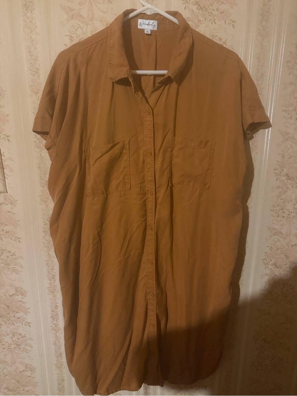 Wonderly Short Sleeve Button-Front Mini Dress in Brown